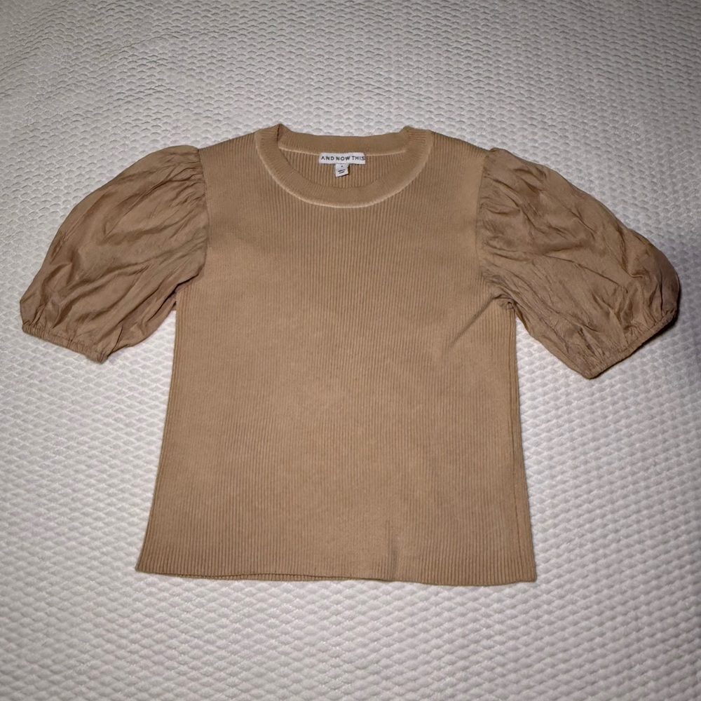And Now This Tan Puff Sleeve Blouse Sz S (T1)